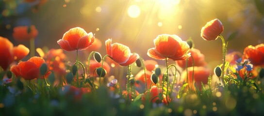 Fototapeta premium Vibrant poppy flowers basking in golden sunlight.