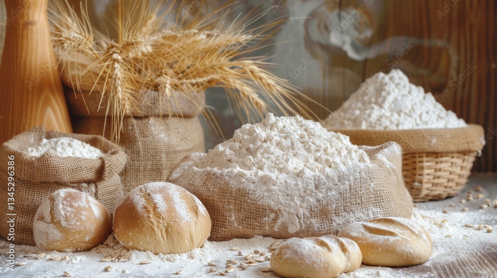 Poster explore the art of bread making with flour preparation and dough crafting techniques in a warm kitch