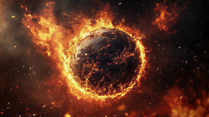 Naklejka premium Earth consumed by raging flames and volcanic eruptions amid the global warming crisis, with a stark white background