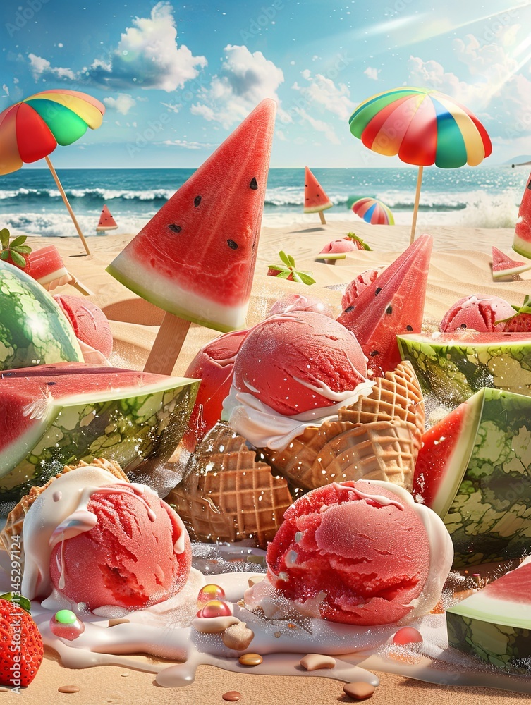Aufkleber Delicious watermelon-flavored ice cream and popsicles on a sunny beach with playful elements creating a perfect summer vibe Generative AI