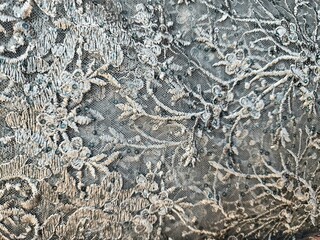 Luxury lace textile with shimmering floral embroidery.