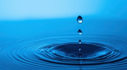 Droplet gracefully falling into calm blue water.