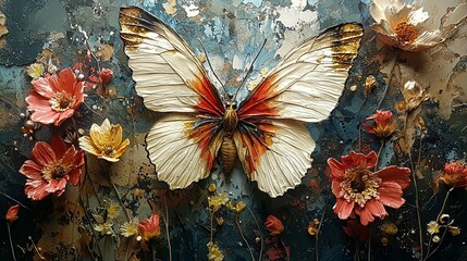 Butterfly art, flowers, textured surface