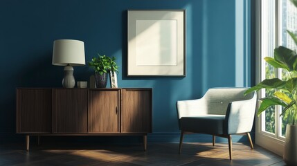 Modern home decor concept with teal-painted walls, retro-inspired armchair near floor-to-ceiling windows, and sculptural lamp on floating shelf. 
