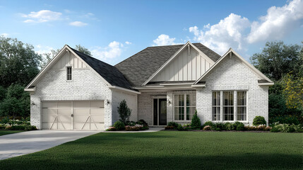 Obraz premium Classic Exterior Of A Modern Farmhouse Home With Stone And Wood Accents