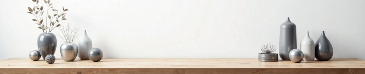 Minimalist decor featuring vases and plants on a wooden shelf against a white wall.