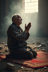 Fototapeta premium Prayer Amidst Ruins: Elderly Man Seeking Peace in a Destroyed Mosque