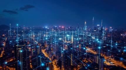 Fototapeta premium Night City Skyline Digital Connections