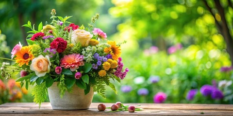 Vibrant floral arrangement amidst lush greenery and a serene garden backdrop