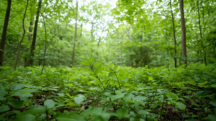 Fototapeta premium Lush Green Forest Interior With Sunlight Filtering Through Dense Foliage and Tree Trunks