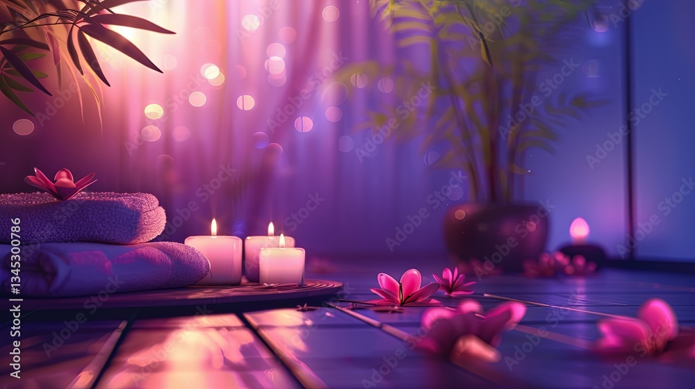 Poster serene ambiance for relaxation with candles, towels, and flowers in a calming spa setting at dusk ge