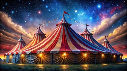 A majestic circus tent under starry night sky with vibrant colorful illuminations and lights, its fabric stretched tight over a metal frame , evening scene, illuminated fabric