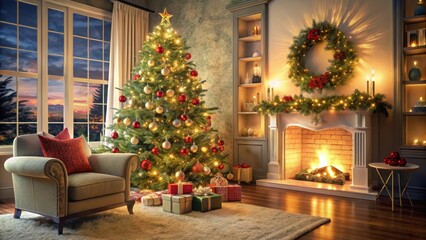 Obraz premium A beautifully decorated Christmas tree with sparkling ornaments and lights in a cozy living room setting , christmas, lights