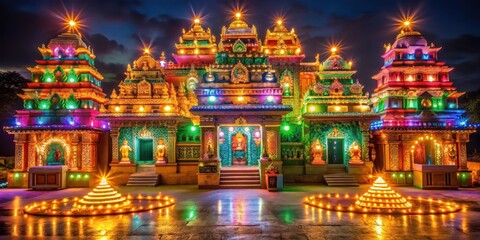 A vibrant Diwali celebration with colorful lights and lanterns illuminating a temple facade at night, autumn nights, lanterns