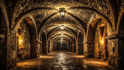 Fototapeta premium Dark Old Vaulted Catacomb Dungeon, cryptic, narrow passageway, cryptic, narrow passageway, stalactites