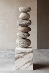 Stacked stones symbolize balance and tranquility, resting atop a modern marble cube in a serene, minimalist composition.