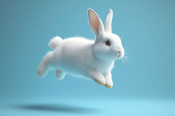 Obraz premium A playful white rabbit leaps against a soft, pastel blue backdrop, perfect for Easter designs, spring themes, children's events, or pet-related ads.
