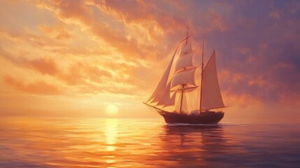 Fototapeta premium A beautiful sailboat sails across the ocean during sunset time