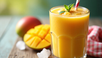 Fototapeta premium Refreshing Mango Smoothie in a Glass with Fresh Ripe Mango and Ice Cubes on a Rustic Wooden Table
