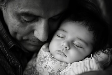 A father holding his sleeping baby lovingly close to him