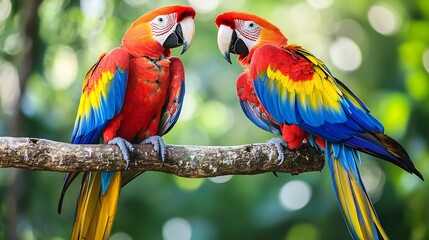 Obraz premium Pair of vibrant macaws perched on a jungle branch rich red blue and yellow feathers soft natural lighting