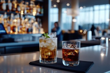 A beautiful display of two refreshing cocktails on a bar counter, capturing a vibrant and inviting atmosphere, perfect for social gatherings and celebrations.