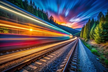 Fototapeta premium Colorful Train Long Exposure, Vibrant Railway Night Photography