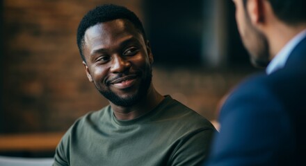 African male adult smiling in conversation with businessman indoors