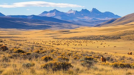 Fototapeta premium Patagonian steppe where Andean condors guanacos pumas Darwins rheas and Patagonian foxes traverse the dry grasslands