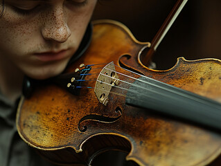 Violinist playing soulful tune intense expression passionate musician classical performance string instrument detailed closeup bow movement artistry emotional deep focus talent elegant graceful warm
