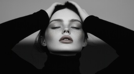 Black and white portrait of a person with eyes closed and lips slightly parted