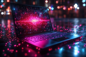 Obraz premium Futuristic laptop at night, glowing screen, city lights in background, design concept