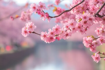 Obraz premium Beautiful pink cherry blossoms are blooming on tree branches softly