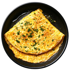 Delicious Omelette with Parsley in a Frying Pan. Close-Up Photo, Top View