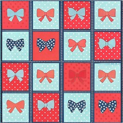 Pink bows of ribbons on white dotted background. Vector seamless pattern. Hand drawn doodle vector elements. Best for textile, print, wrapping paper, package and festive decoration.
