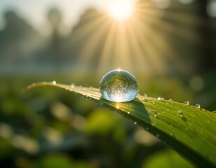 A crystal-clear water droplet rests delicately on a vibrant green leaf, reflecting the golden morning sunlight. Tiny dewdrops shimmer along the surface, creating a serene, natural, and peaceful atmosp