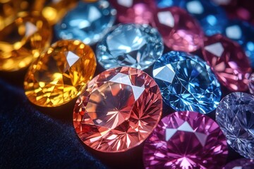 Fototapeta premium Colorful gemstones close-up on dark fabric; showcasing variety and beauty