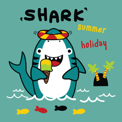 Cute cartoon shark enjoying an ice cream on a summer holiday with palm trees. Beach fun concept
