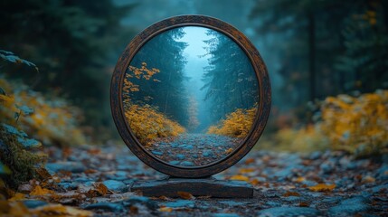 Obraz premium Autumn forest path mirrored in round rusty metal, mystical forest scene