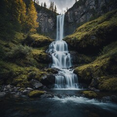 Fototapeta premium Imagine a hidden waterfall in a beautiful mountain range.