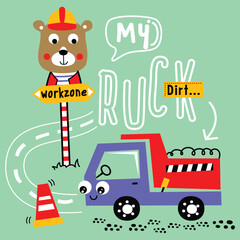 Cute cartoon bear wearing a hard hat standing near a workzone sign with a red truck in the dirt. Construction fun concept
