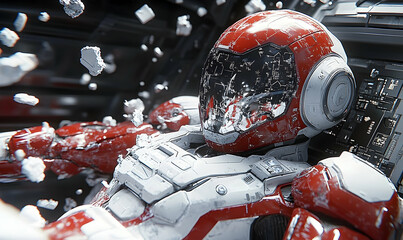 Damaged red and white robot in cockpit, amidst debris. Futuristic, action scene