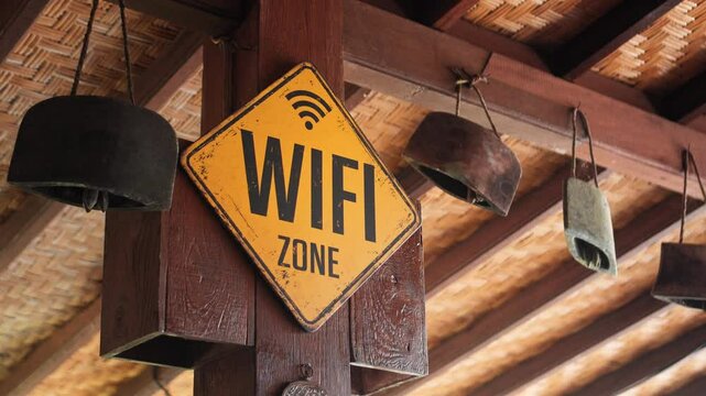 ellow board hanging on the wall with the inscription "WIFI ZONE"