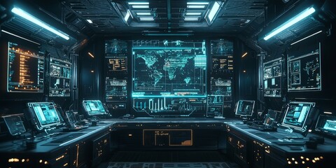 Obraz premium Futuristic Technology Control Room with High-Tech Displays and Interface