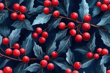 Stunning Watercolor Painting of Holly Berries and Leaves Seamless Pattern