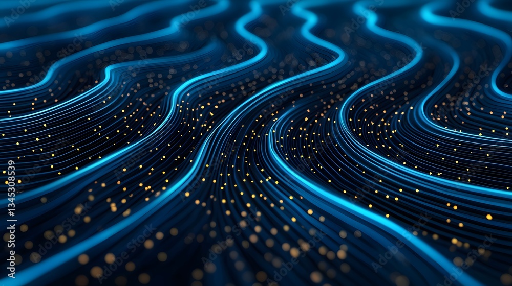 Sticker abstract blue and gold wave lines digital data flow technology background