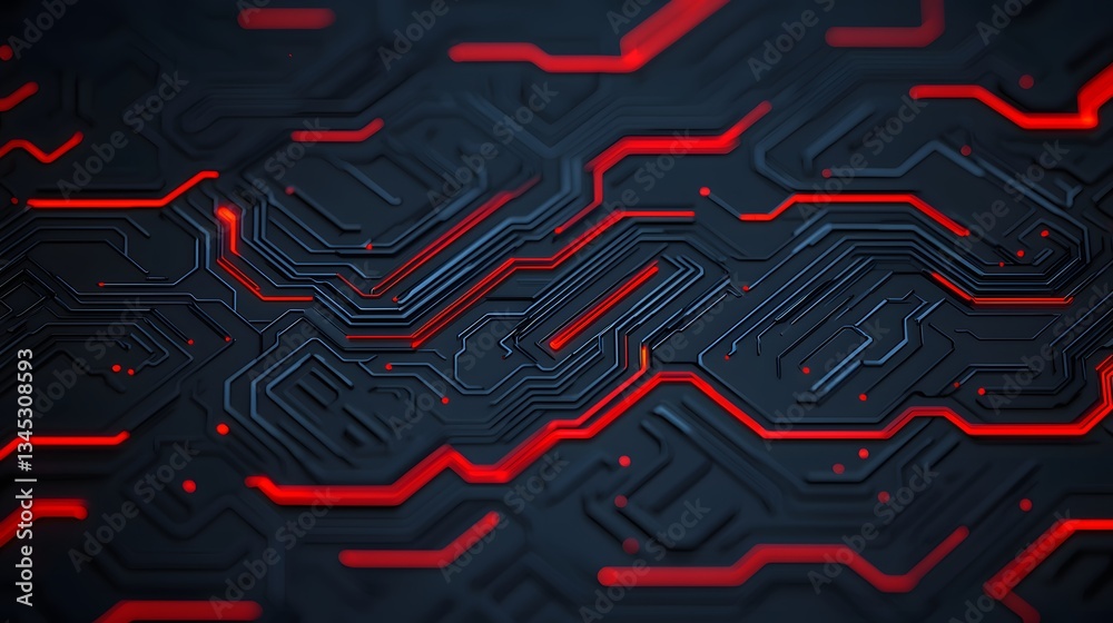 Wall mural abstract dark circuit board technology background with red glowing lines