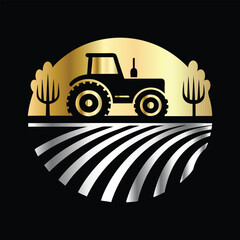 Agriculture logo design template. Tractor in the field. Vector illustration. Tractor logo. Farm logo. Agriculture logo.