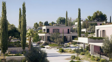 Fototapeta premium Picturesque View of Pink And White Buildings with Lush Green Gardens And Palm Trees Under Blue Sky In Daylight