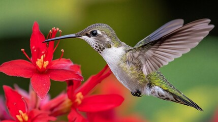 Hummingbird in flight, feeding from a vibrant red flower